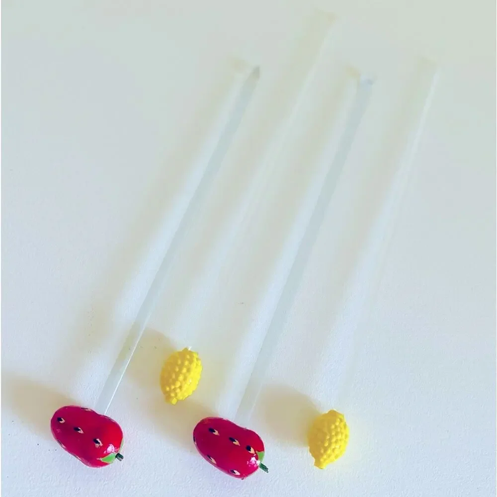 Vtg Glass Swizzle Sticks Paper Mache Strawberry Pineapple Stirrers Blown Glass